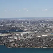 Aerial view of Etobicoke and Mimico neighbourhoods along Lake Ontario